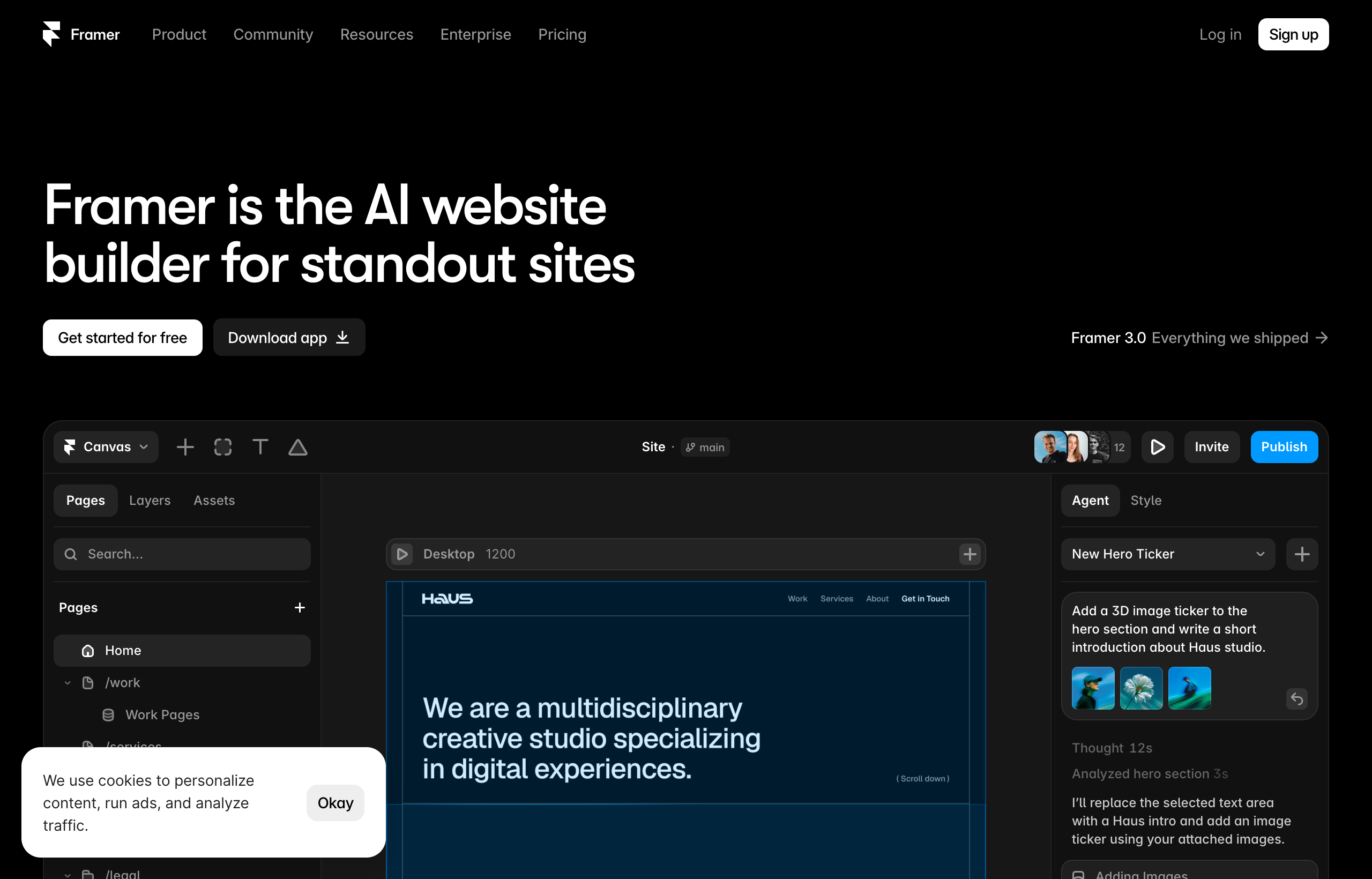 The Framer editor showing a marketing homepage being built on the Figma-like canvas, with the layers panel and drag-and-drop sections visible