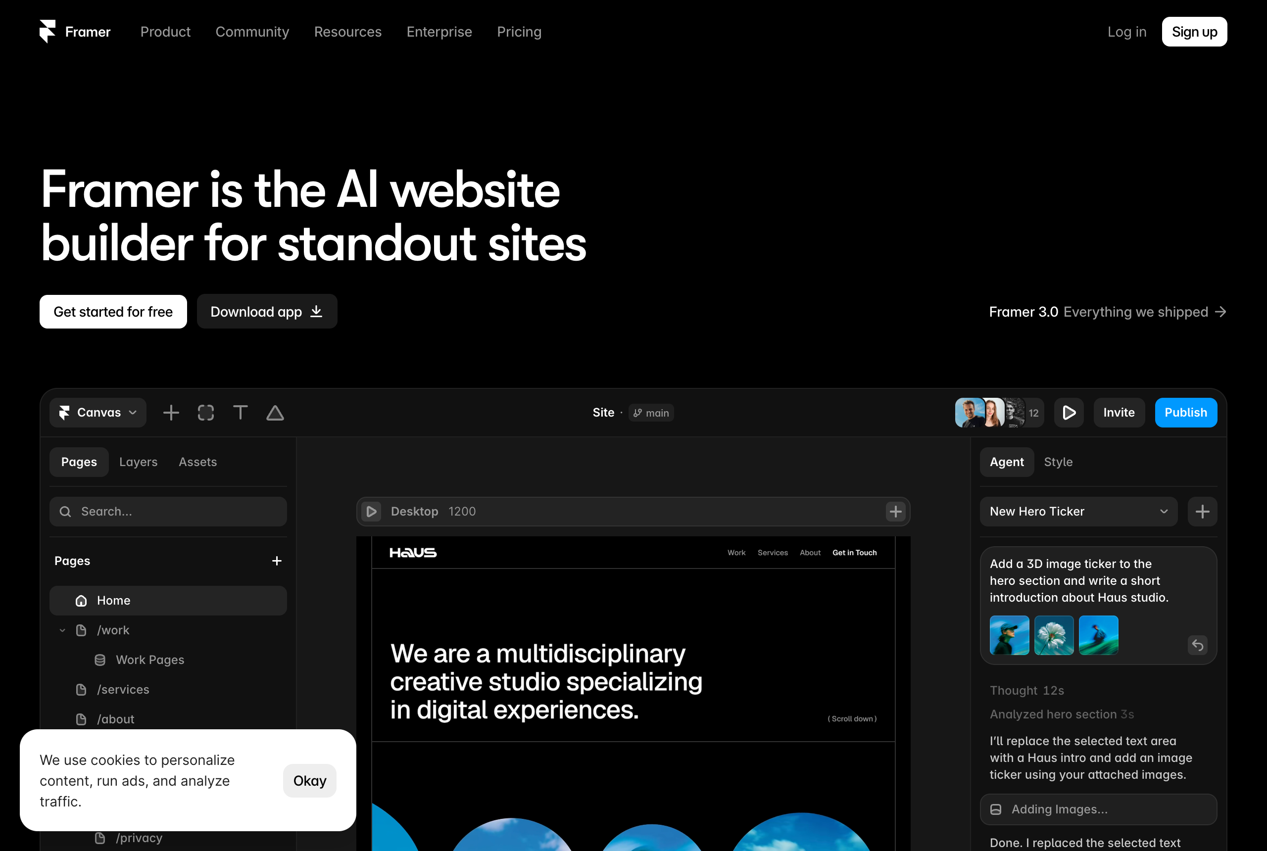 Comparison illustration showing Framer alongside icons for Webflow, Wix, Squarespace, WordPress, and Shopify, weighing design speed against structural power