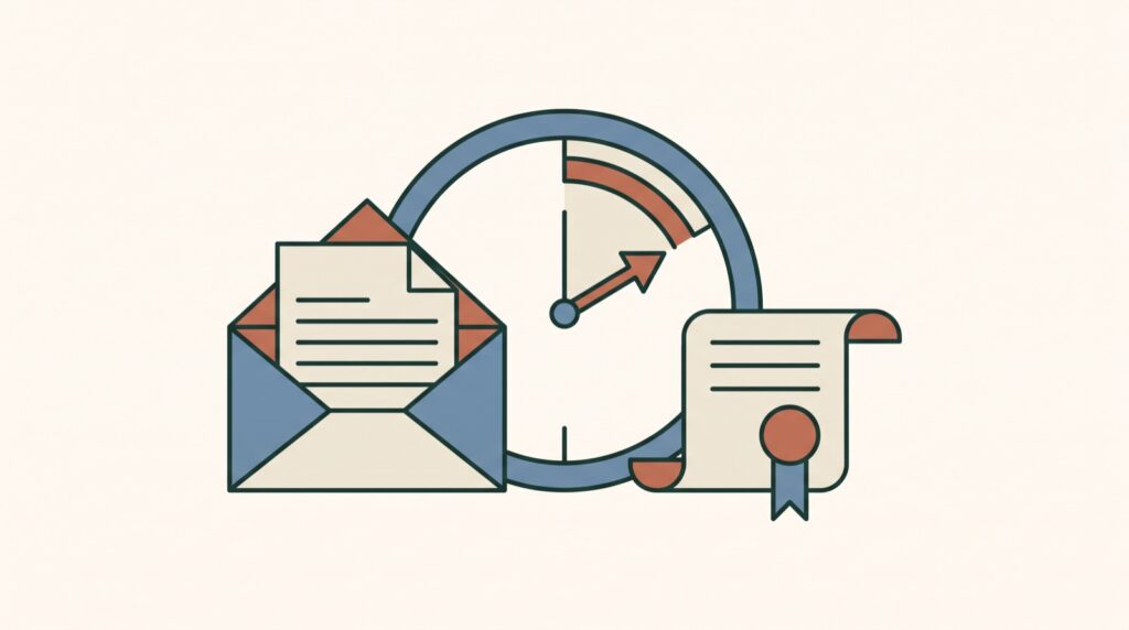 Adverse action letter in an envelope beside a legal document and a clock