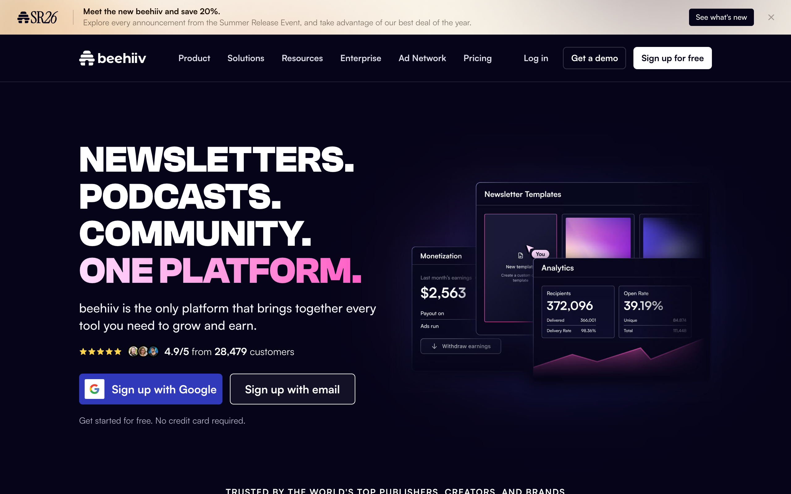 Beehiiv homepage screenshot