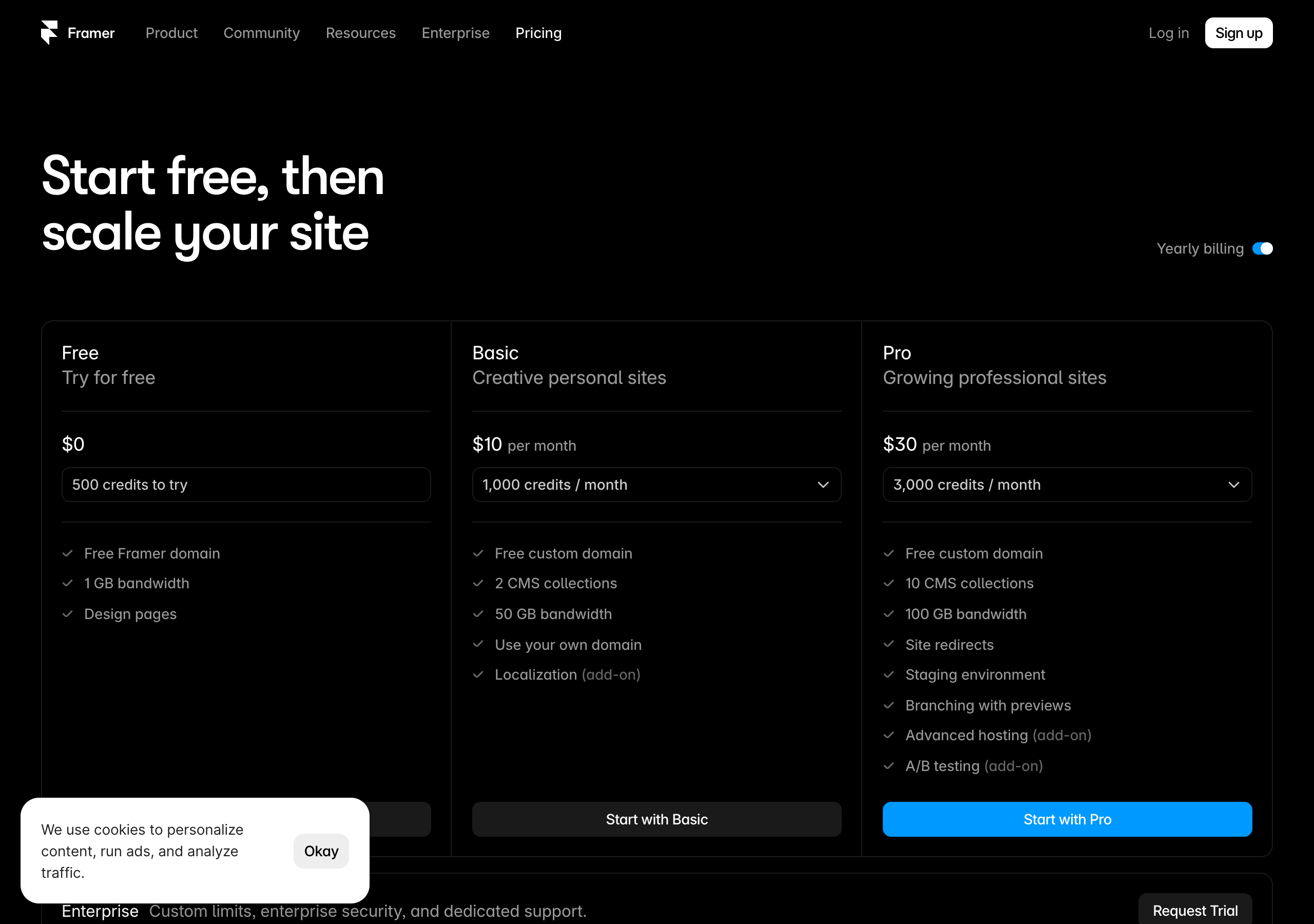 Framer pricing page showing Free, Basic, and Pro tiers with CMS collection limits, bandwidth, and custom-domain support