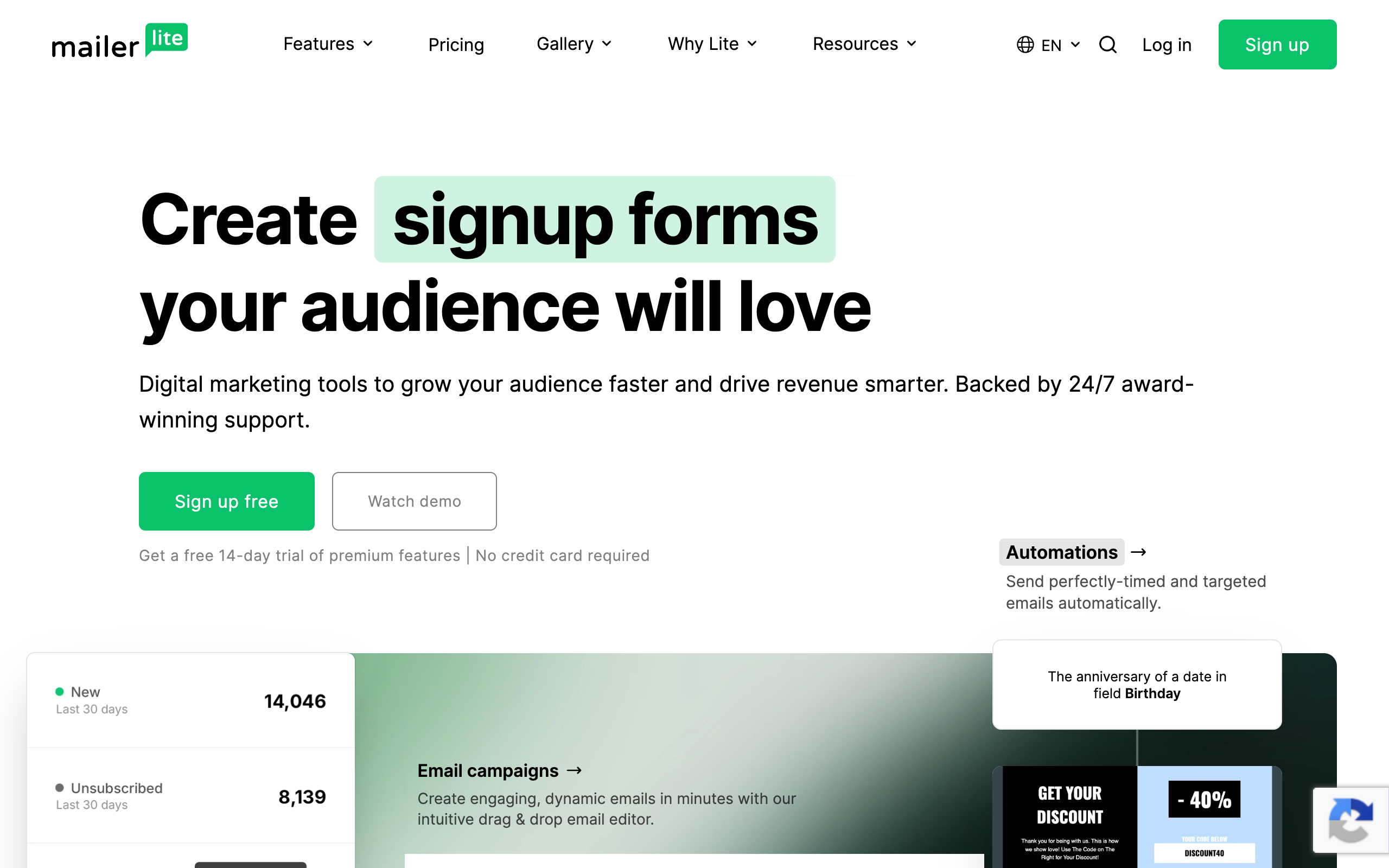Mailerlite homepage screenshot