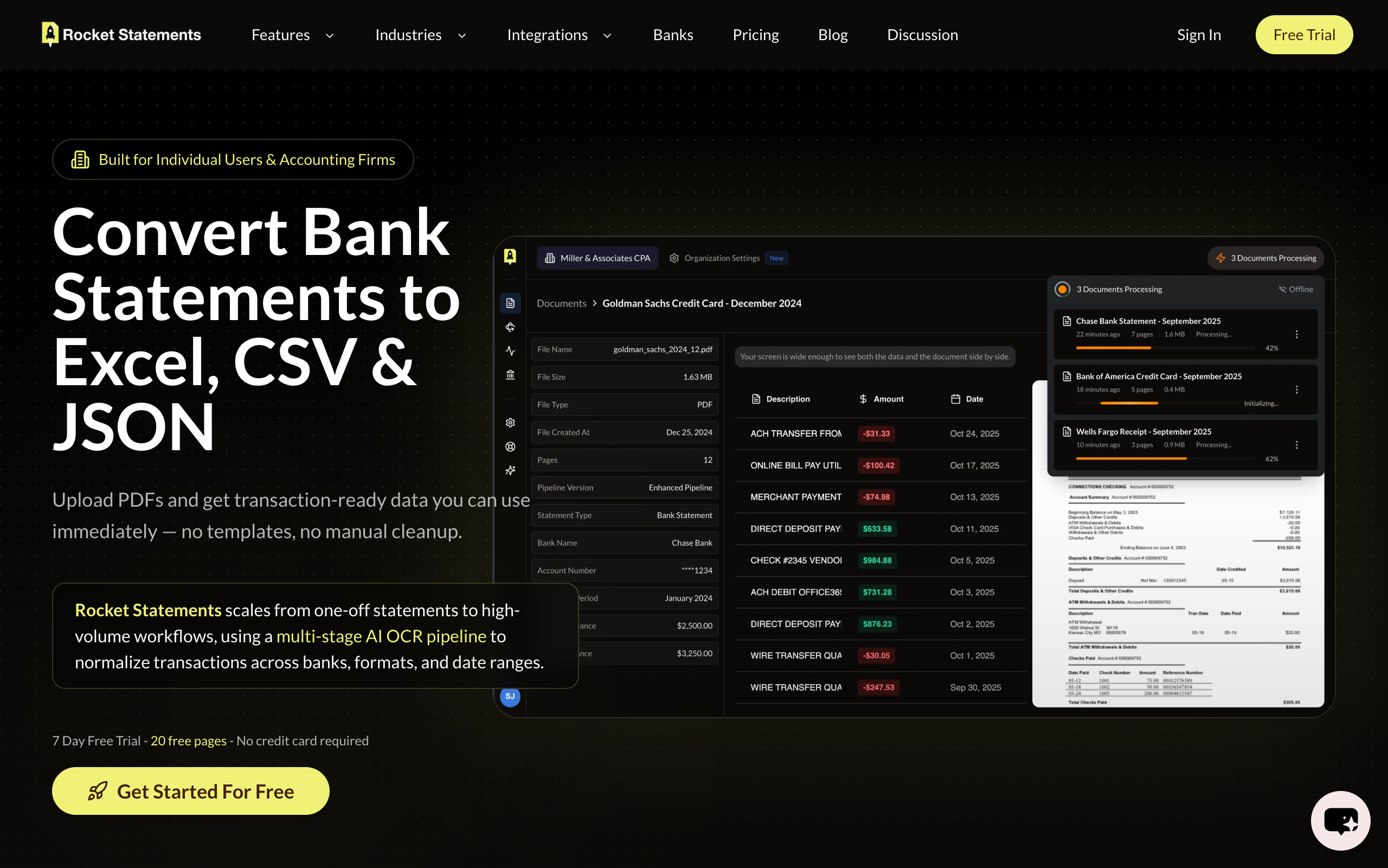 Rocket Statements bank statement conversion tool homepage screenshot