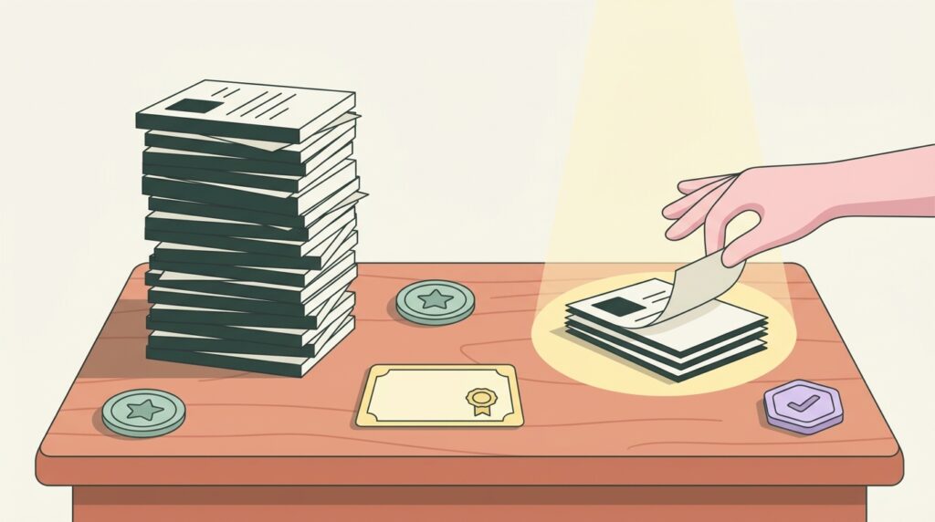 Recruiter sorting resumes into piles, some credentials spotlit on a desk
