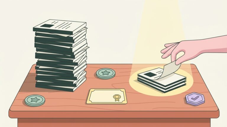 Recruiter sorting resumes into piles, some credentials spotlit on a desk