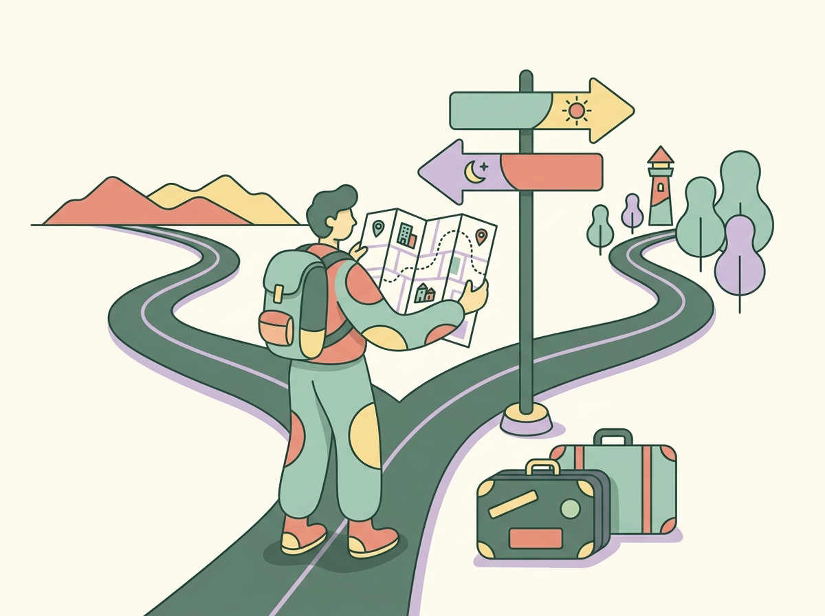 Person at crossroads holding wrong map, illustrating mismatched learning investment