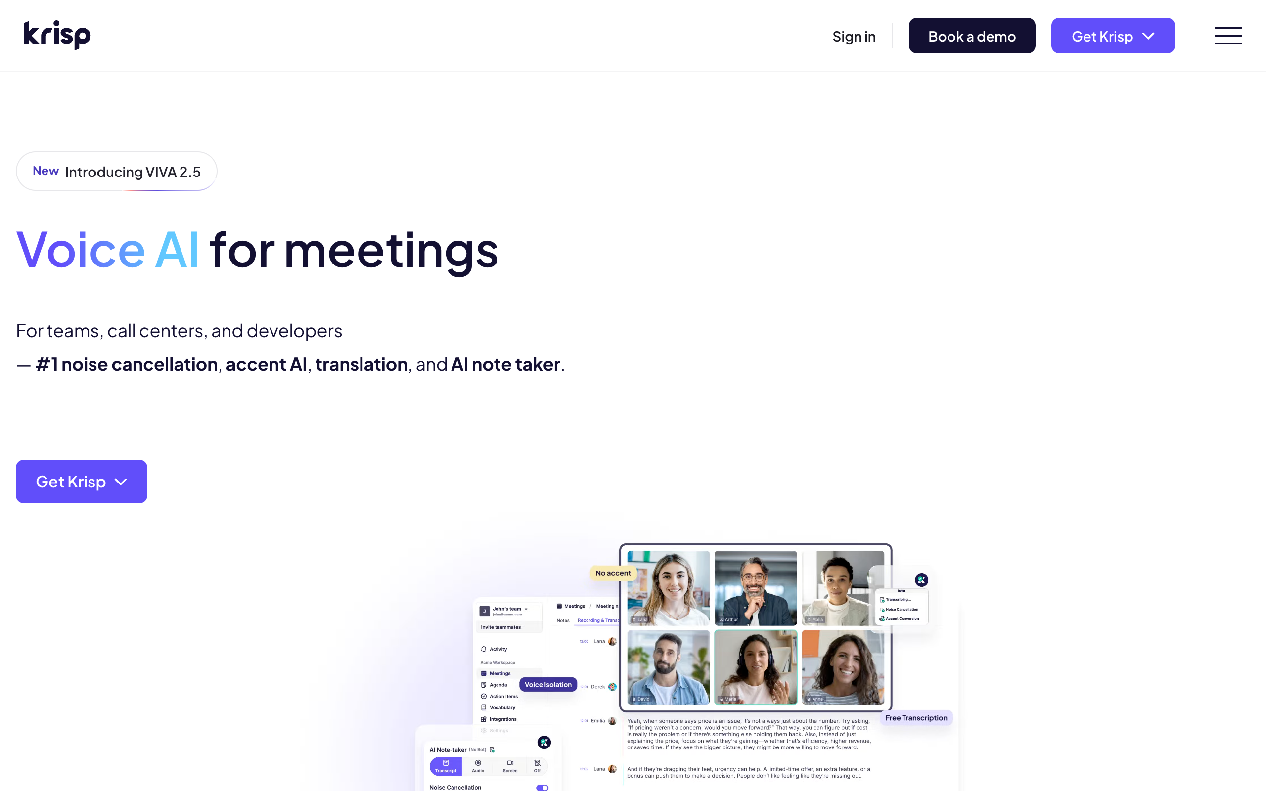 Krisp AI noise cancellation homepage screenshot