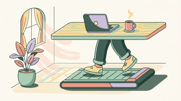 Person walking on an under-desk treadmill while working at a standing desk