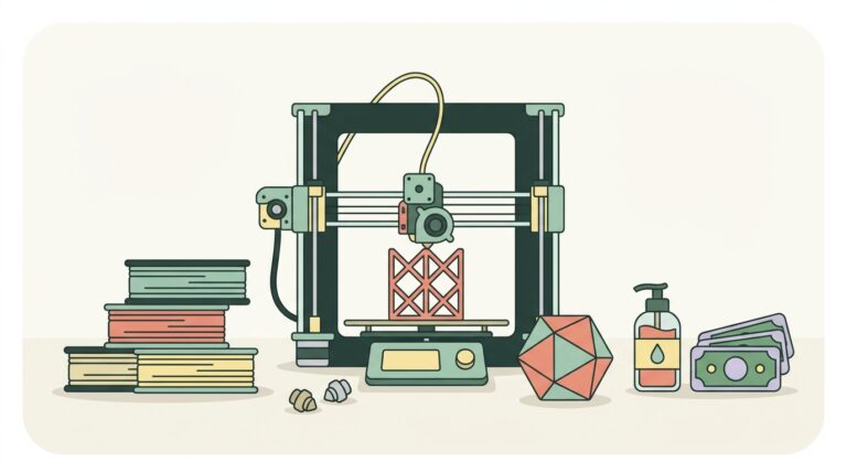 Beginner 3D printer on a workbench surrounded by filament spools and first-year supplies