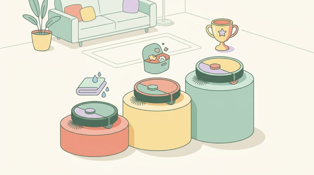 Three robot vacuums on tiered pedestals showing price-to-feature tradeoffs in 2026