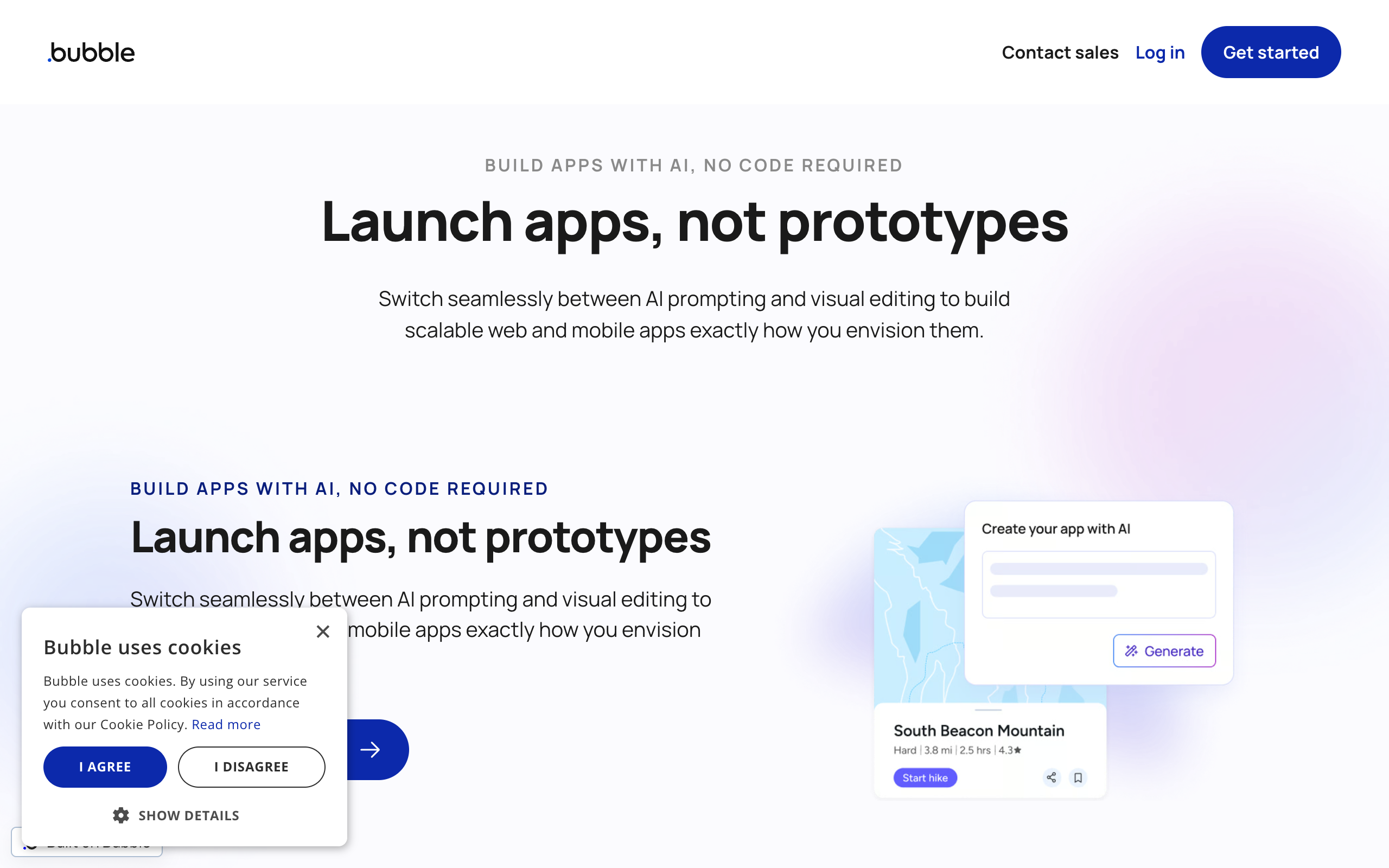 Bubble no-code app builder homepage screenshot