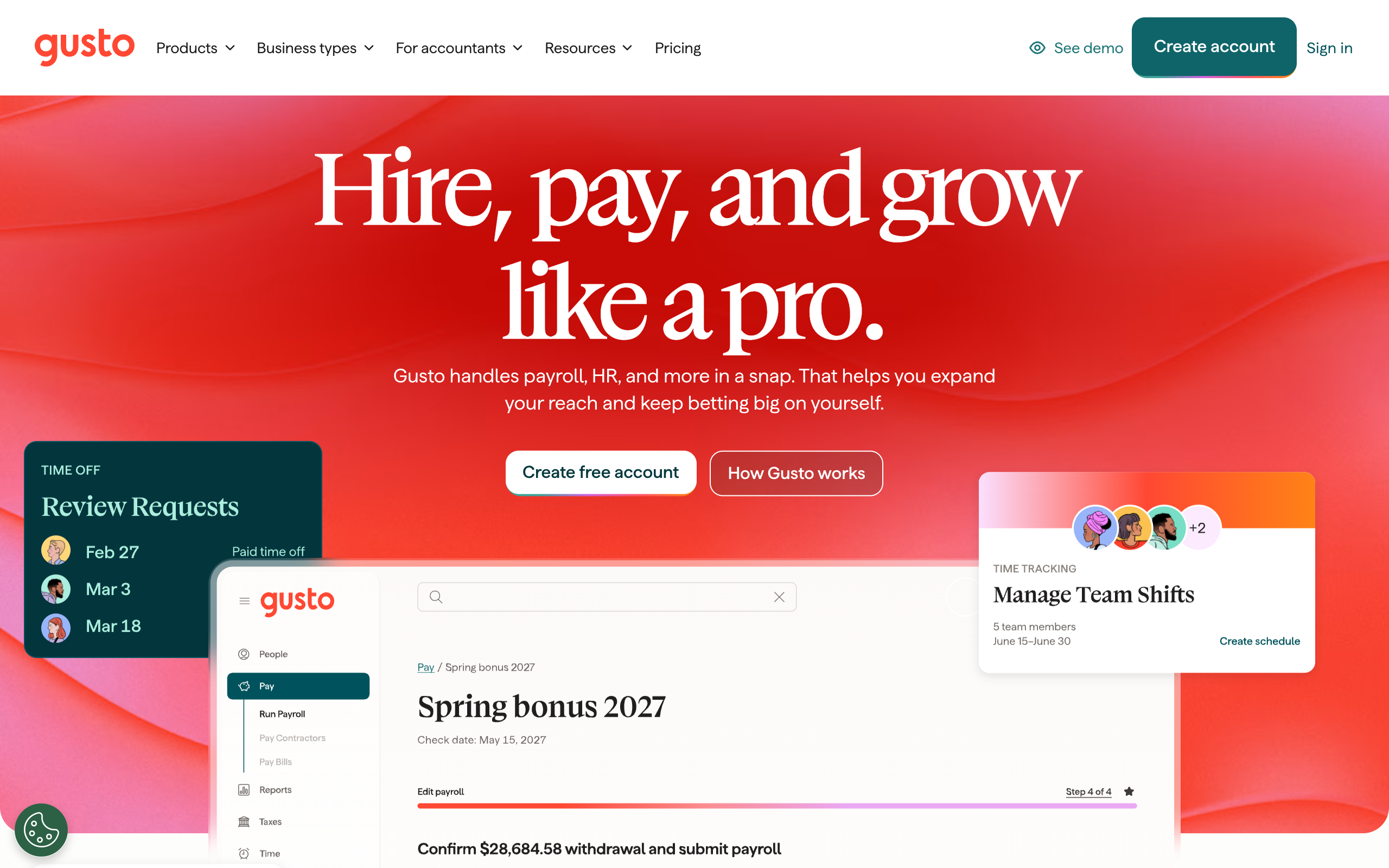 Gusto payroll software homepage screenshot