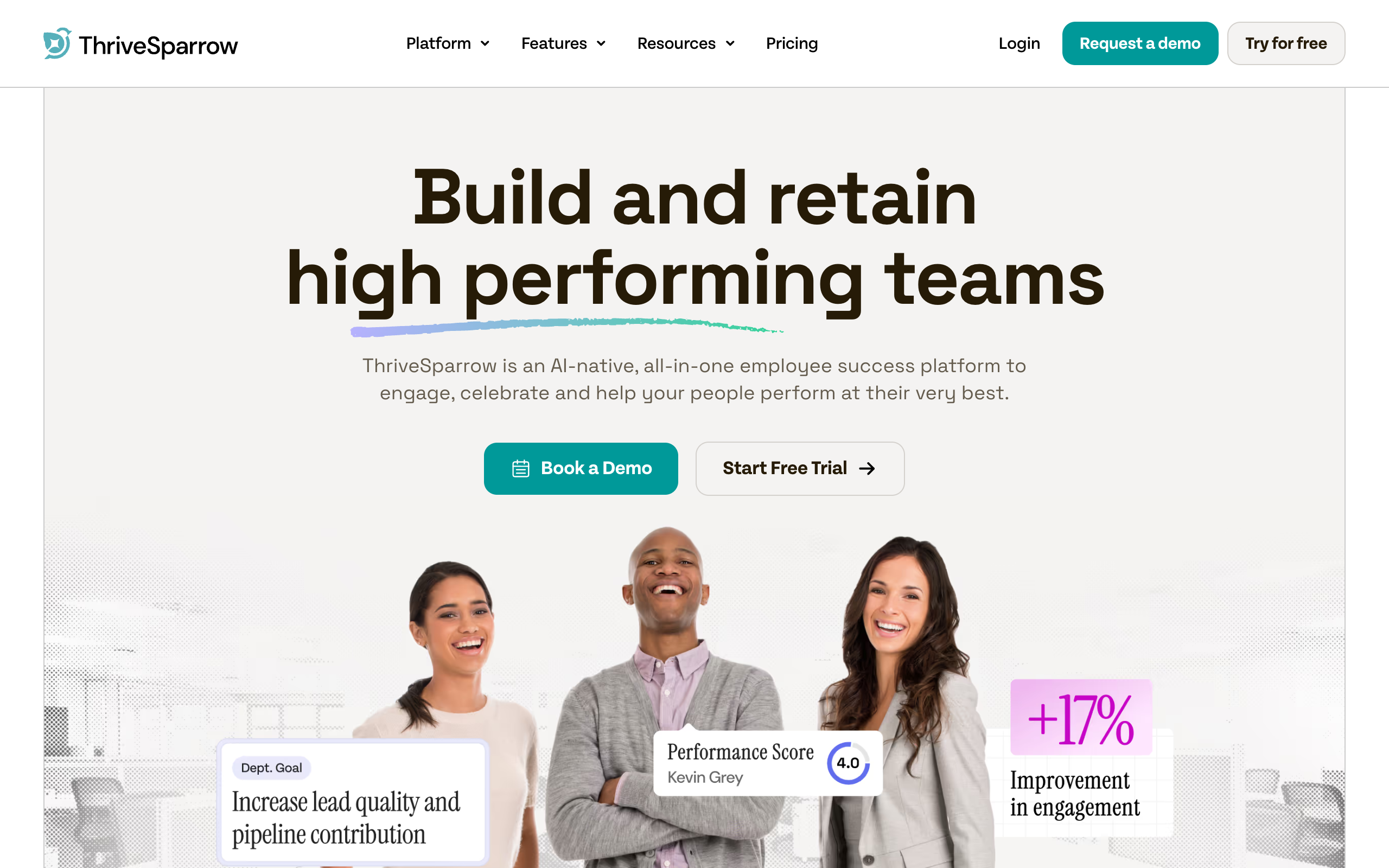 ThriveSparrow employee engagement software homepage screenshot